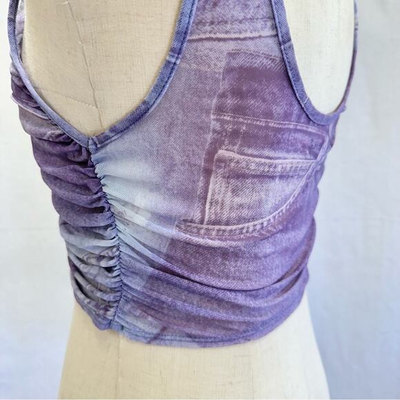 Urban Outfitters Ruched Lace-Up Mesh Tank Top Denim Jeans Print Size Medium - Picture 10 of 16